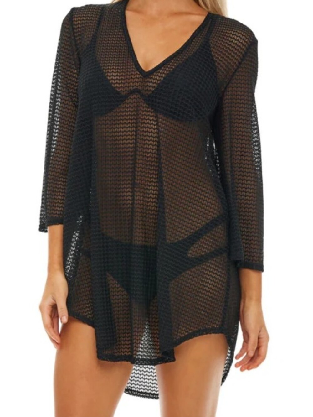 Jordan Taylor‎ Vneck Bell Sleeve Tunic Sheer Cover Up Knit Top Black SzM Beach
